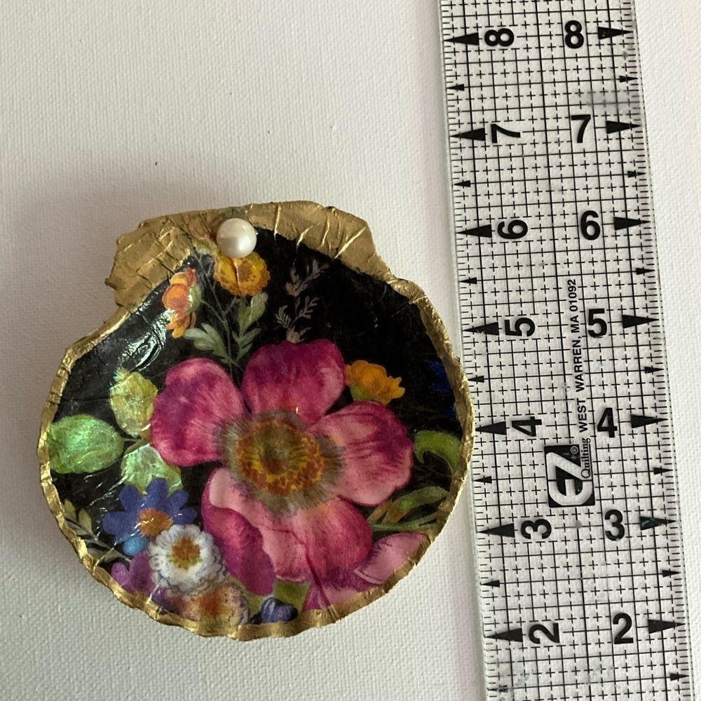 Scalloped Clam Shell Jewelry Dish Gold Leaf Decoupaged